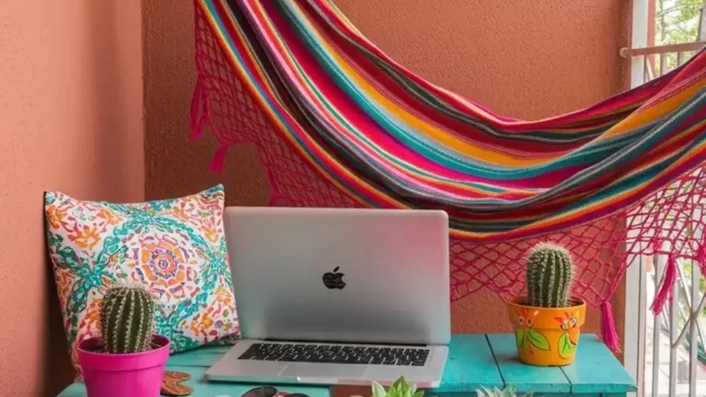 Kleurrijke buitenhoek mini-studio met hangmat, laptop en cactussen in potten.