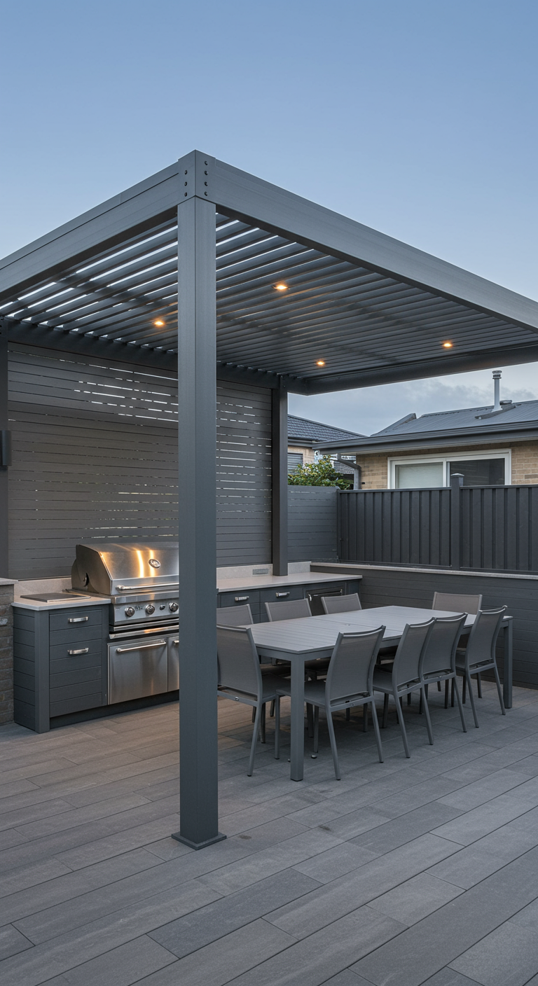 Moderne grijze metalen pergola met lamellendak boven een buitenkeuken en eettafel.