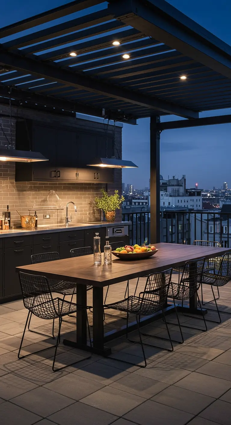 Overdekt dakterras met industriële buitenkeuken, houten eettafel en metalen draadstoelen.