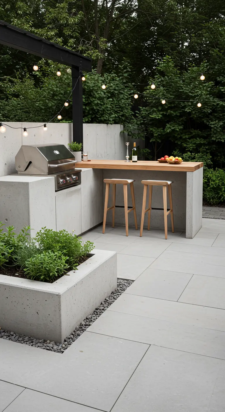 Moderne buitenkeuken van beton met houten barblad, barkrukken, ingebouwde barbecue en plantenbakken.