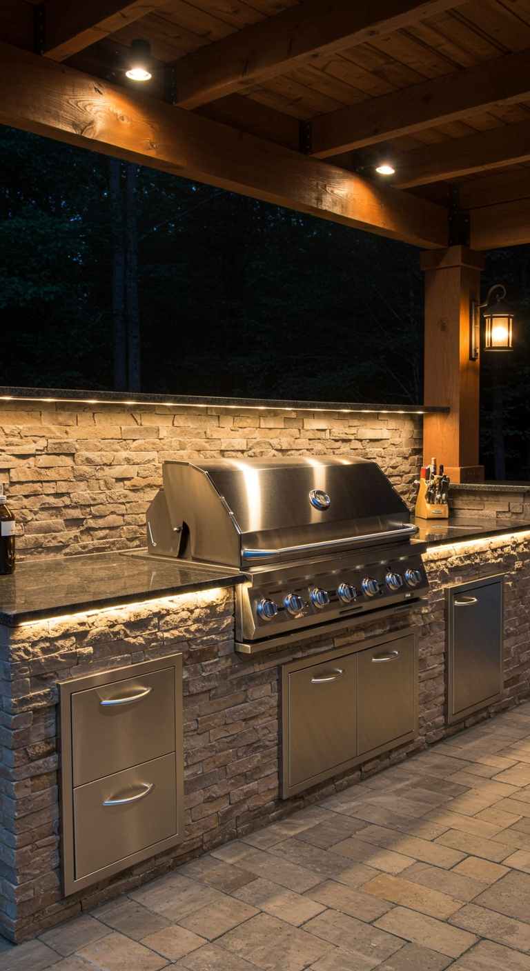 Luxe buitenkeuken met stenen afwerking, verlicht met LED-strips en spots.