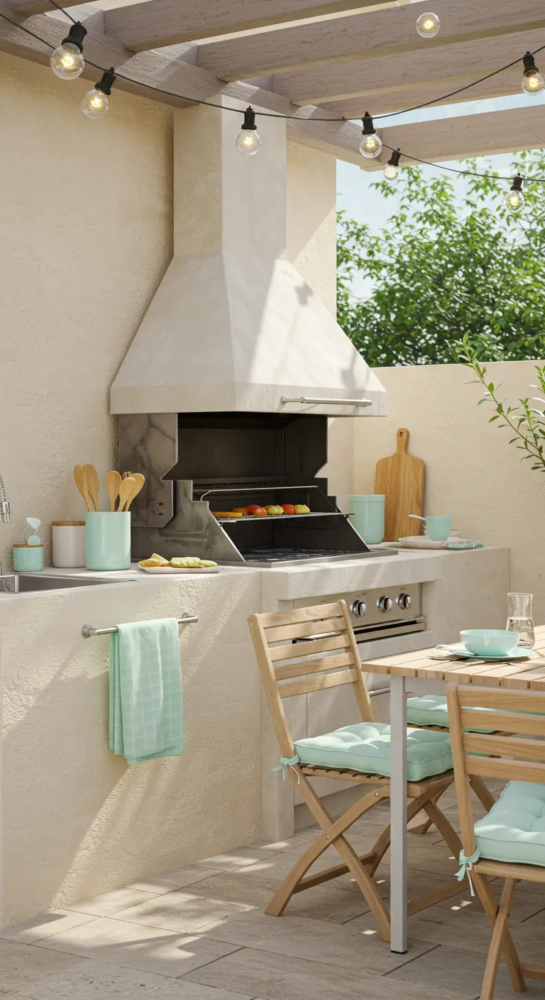 Buitenkeuken met ingebouwde grill, mintgroene accessoires en houten eethoek.