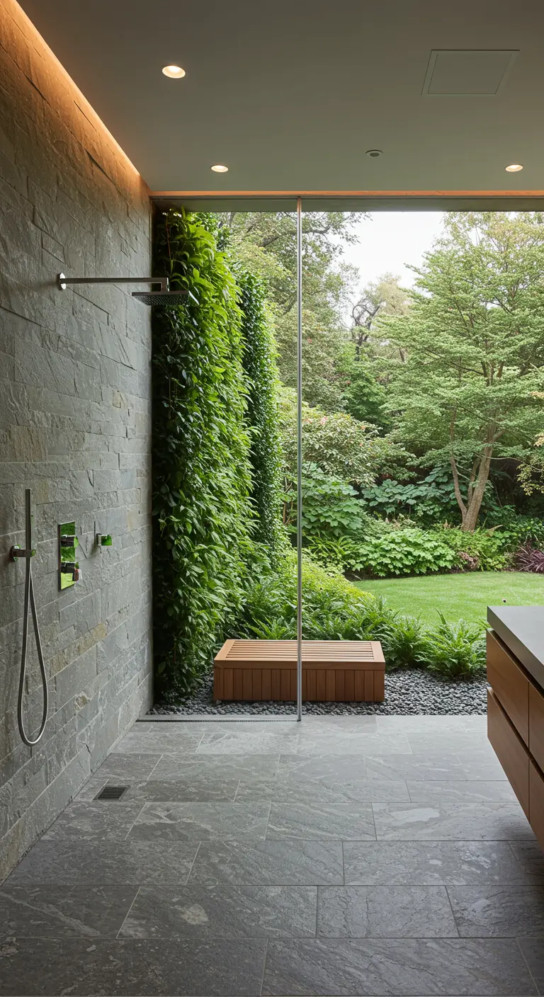 Inloopdouche met glazen wand die uitkijkt op een groene tuin en een verticale plantenmuur.