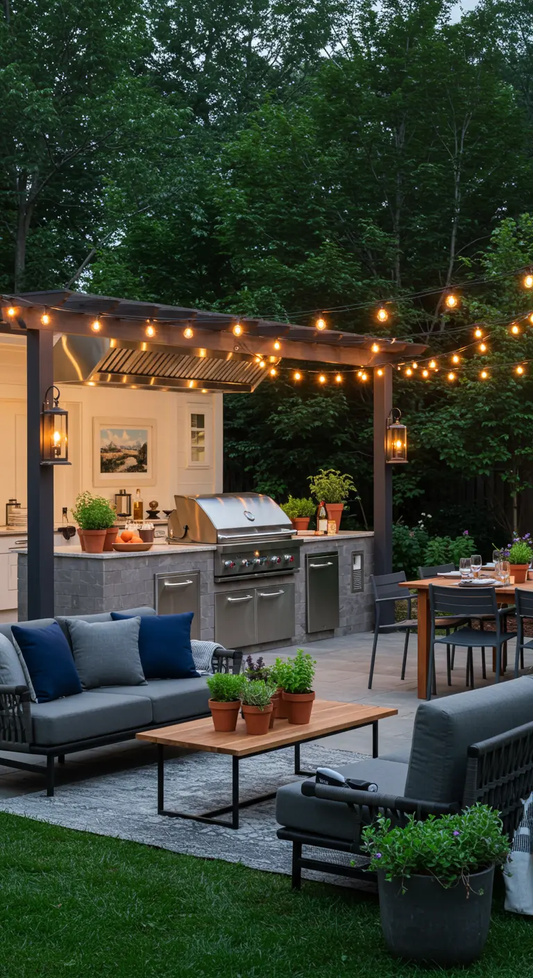 Moderne buitenkeuken en loungehoek met sfeervolle lichtslingers in de tuin.