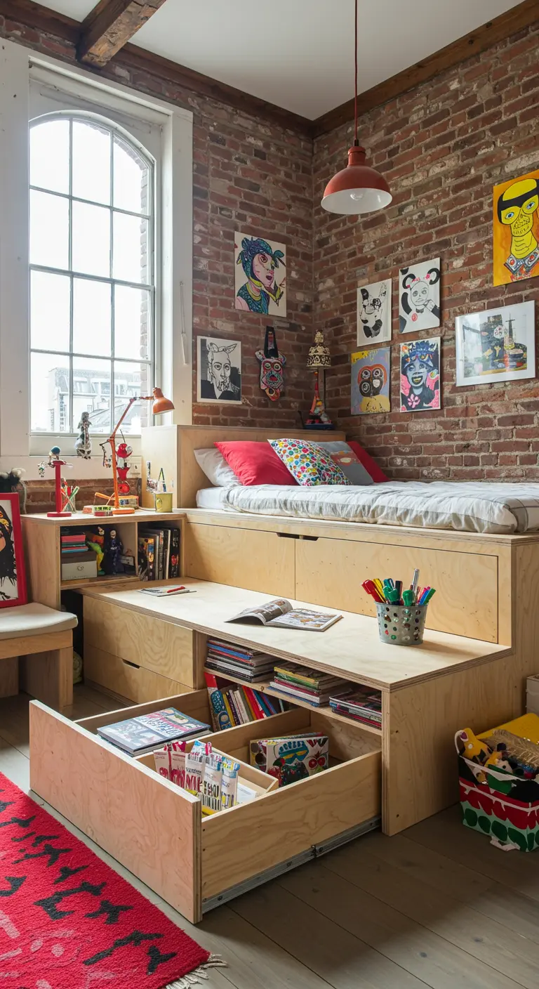 Kinderkamer met verhoogd bed, lades en een uitschuifbaar bureau eronder.