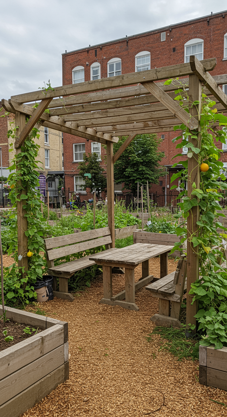 Eenvoudige houten pergola met picknicktafel en banken in een buurttuin.