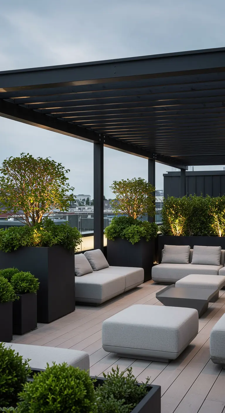 Modern dakterras met strakke plantenbakken met Buxus, loungebanken en sfeerverlichting.