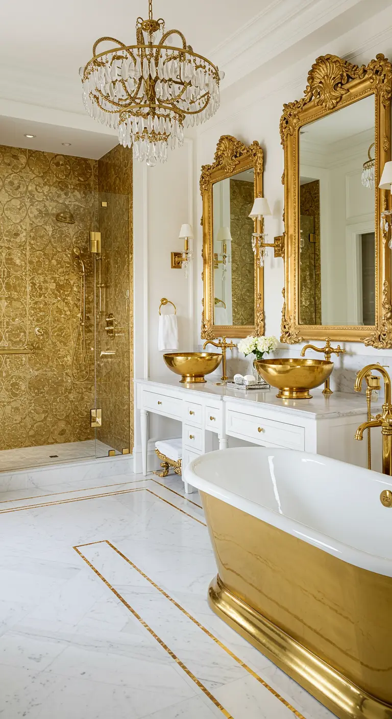 Luxueuze badkamer met gouden douchtegels, gouden waskommen en een gouden badkuip.