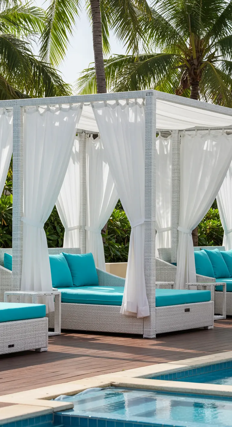 Witte polyrotan cabana met witte gordijnen en turquoise kussens bij een zwembad.