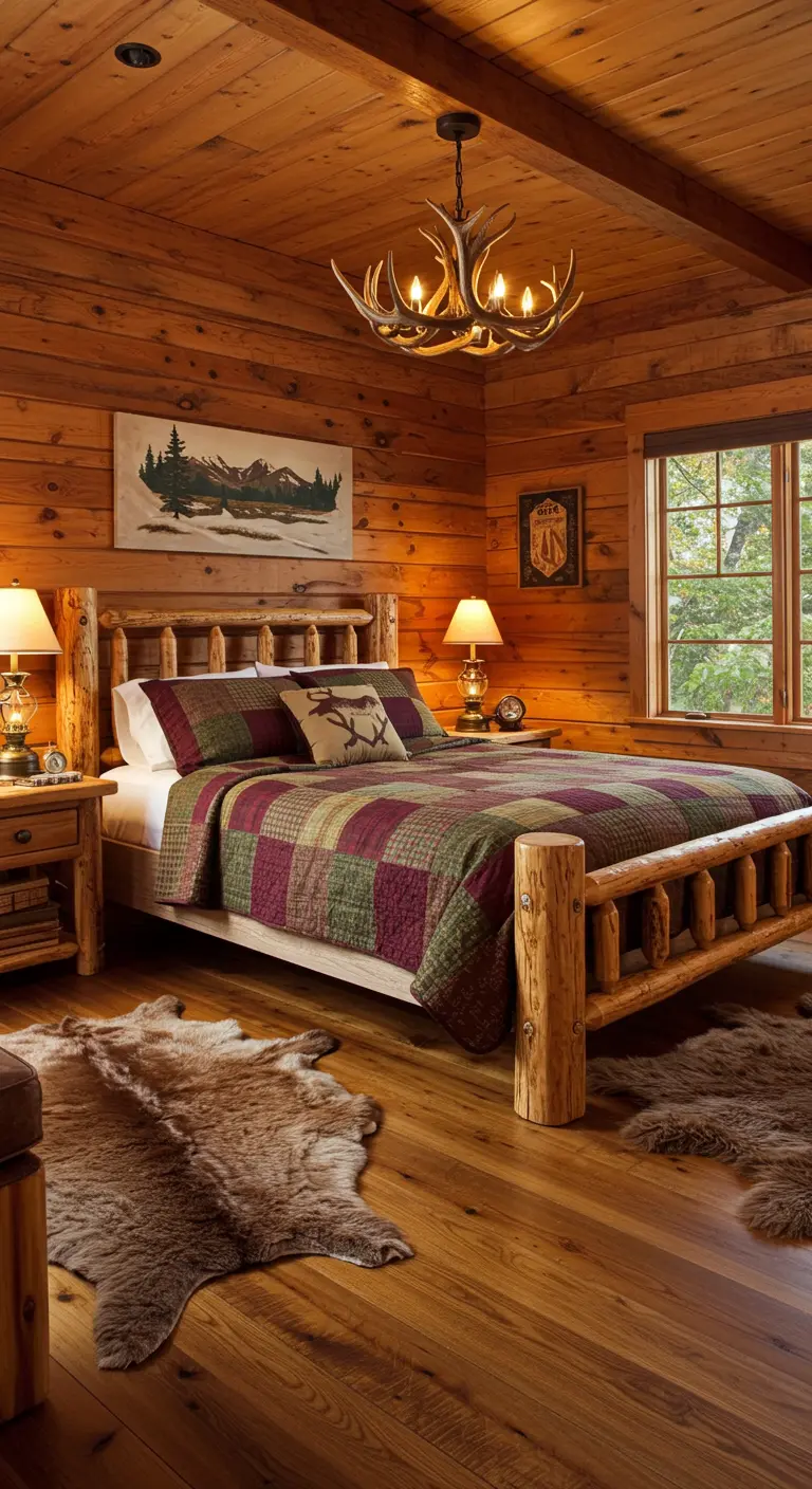 Blokhut-stijl slaapkamer met veel hout en een gewei-lamp.