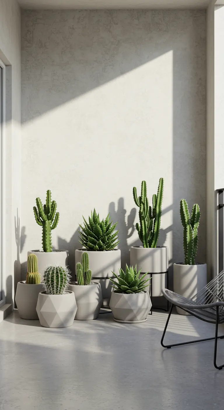 Verzameling cactussen in diverse moderne witte en grijze potten op een licht balkon.