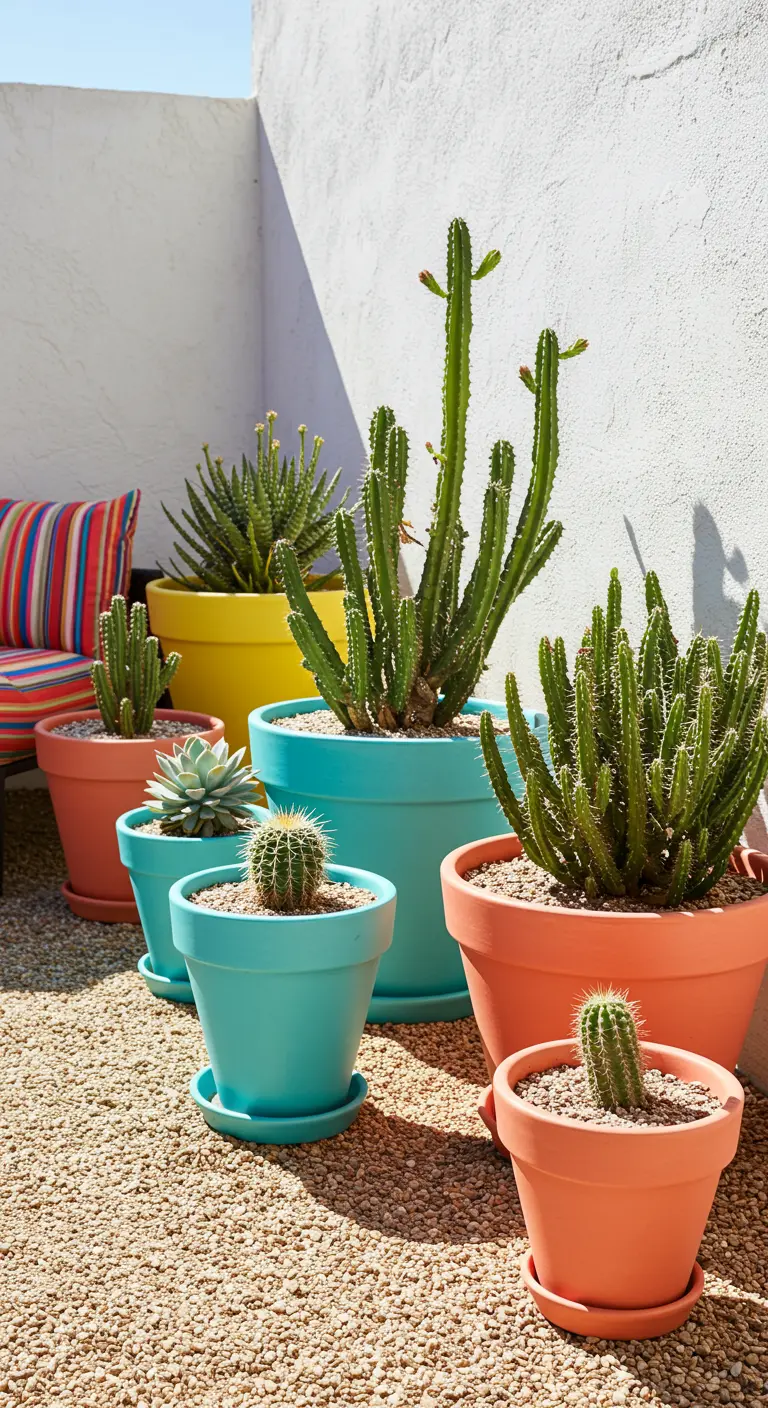 Groep cactussen en vetplanten in felgekleurde potten (turquoise, geel, oranje) op een zonnige patio.