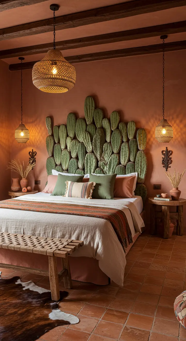 Slaapkamer met terracotta muur en een sculpturaal hoofdbord van gestapelde cactussen.