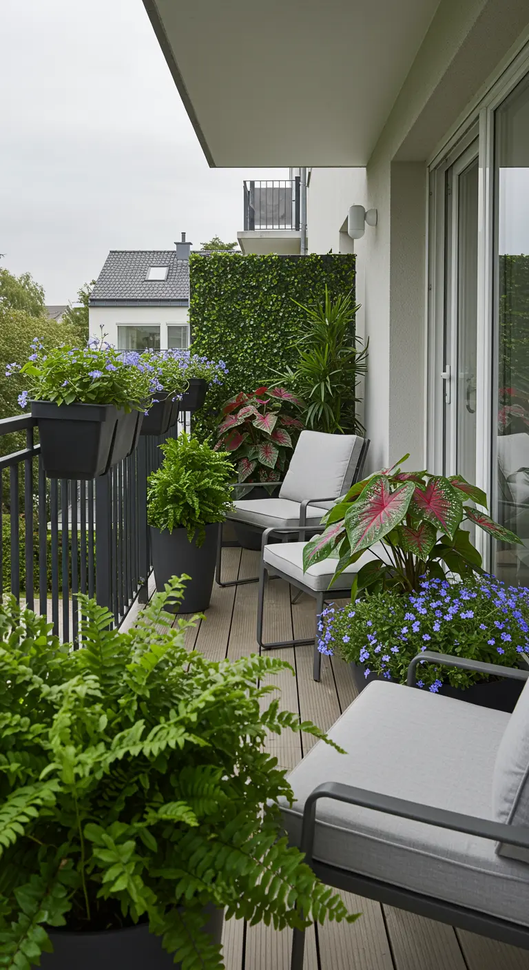 Balkon met comfortabele stoelen en potten met kleurrijke Caladiums, varens en een groene plantenwand.