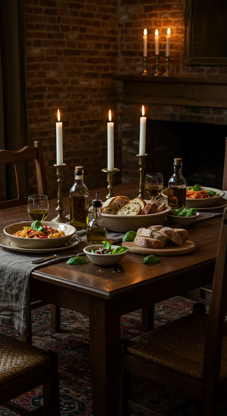 Donkere houten eettafel met kaarsen, olijfolieflessen, brood en pasta in een sfeervolle setting.
