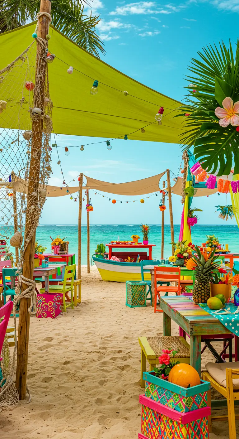 Kleurrijk Caraïbisch strandfeest met felgekleurde meubels, lichtslingers en tropisch fruit.