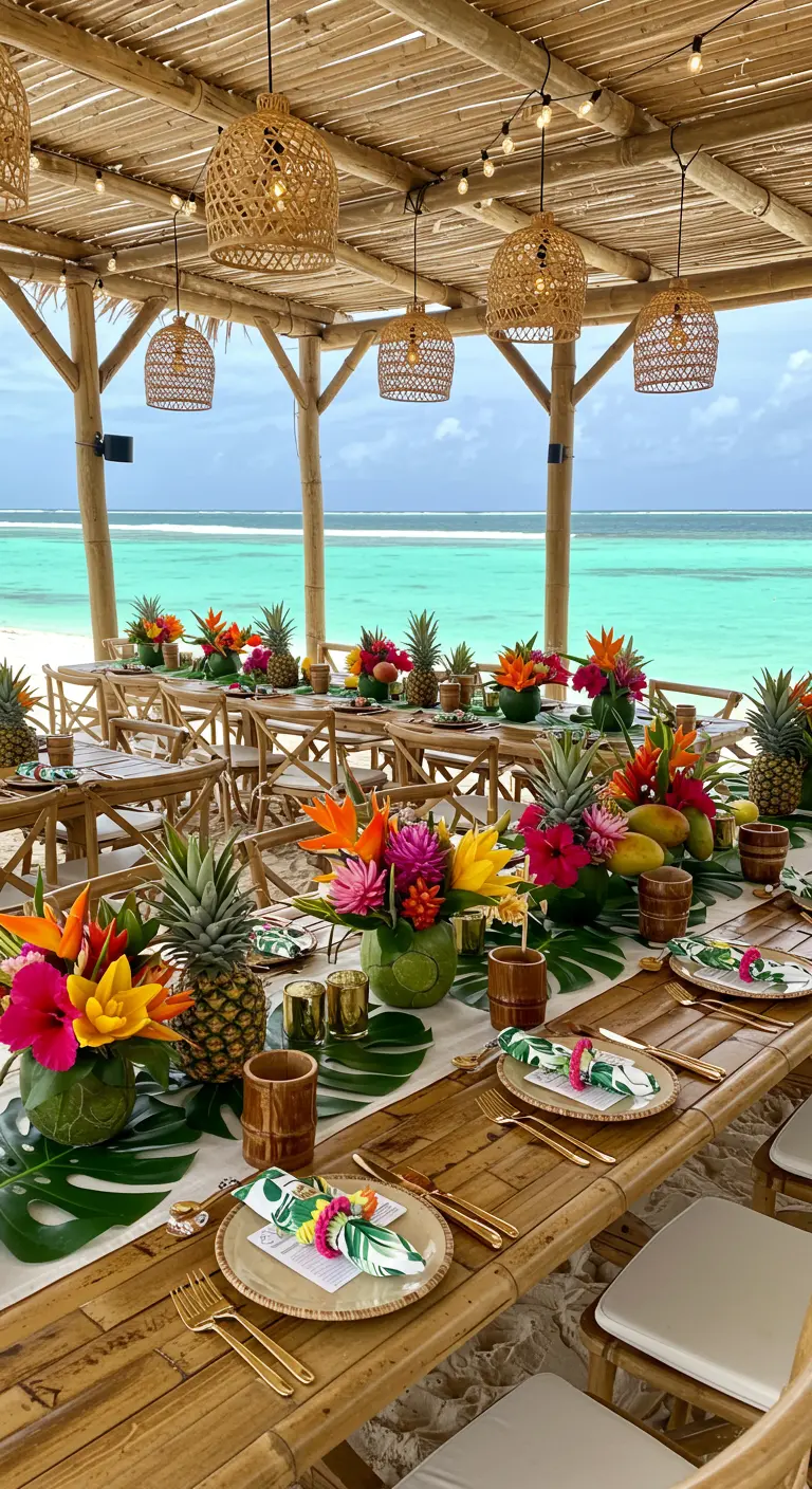 Tropische tafelsetting aan zee met ananassen, exotische bloemen en bamboe meubilair.