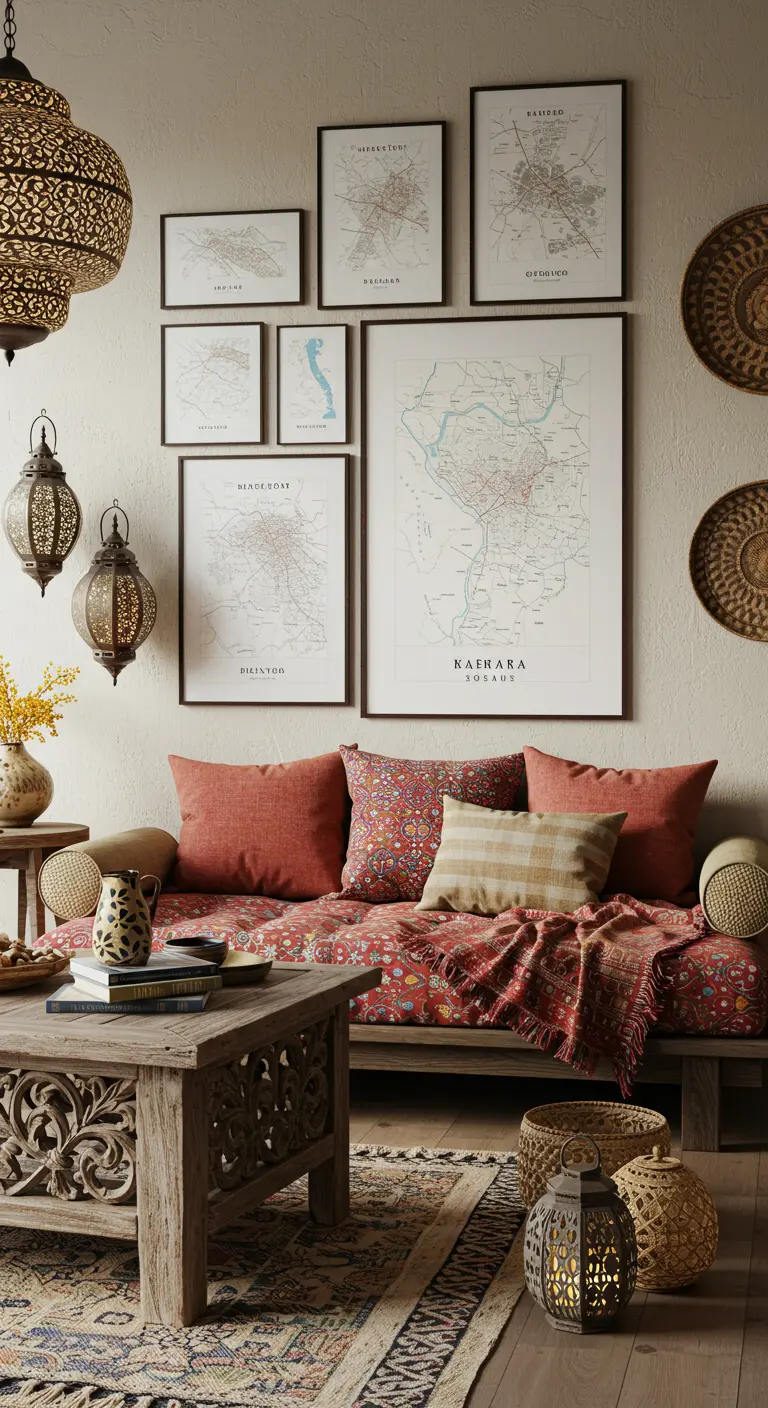 Bohemian woonkamer met daybed en galerijwand van diverse landkaartprints.