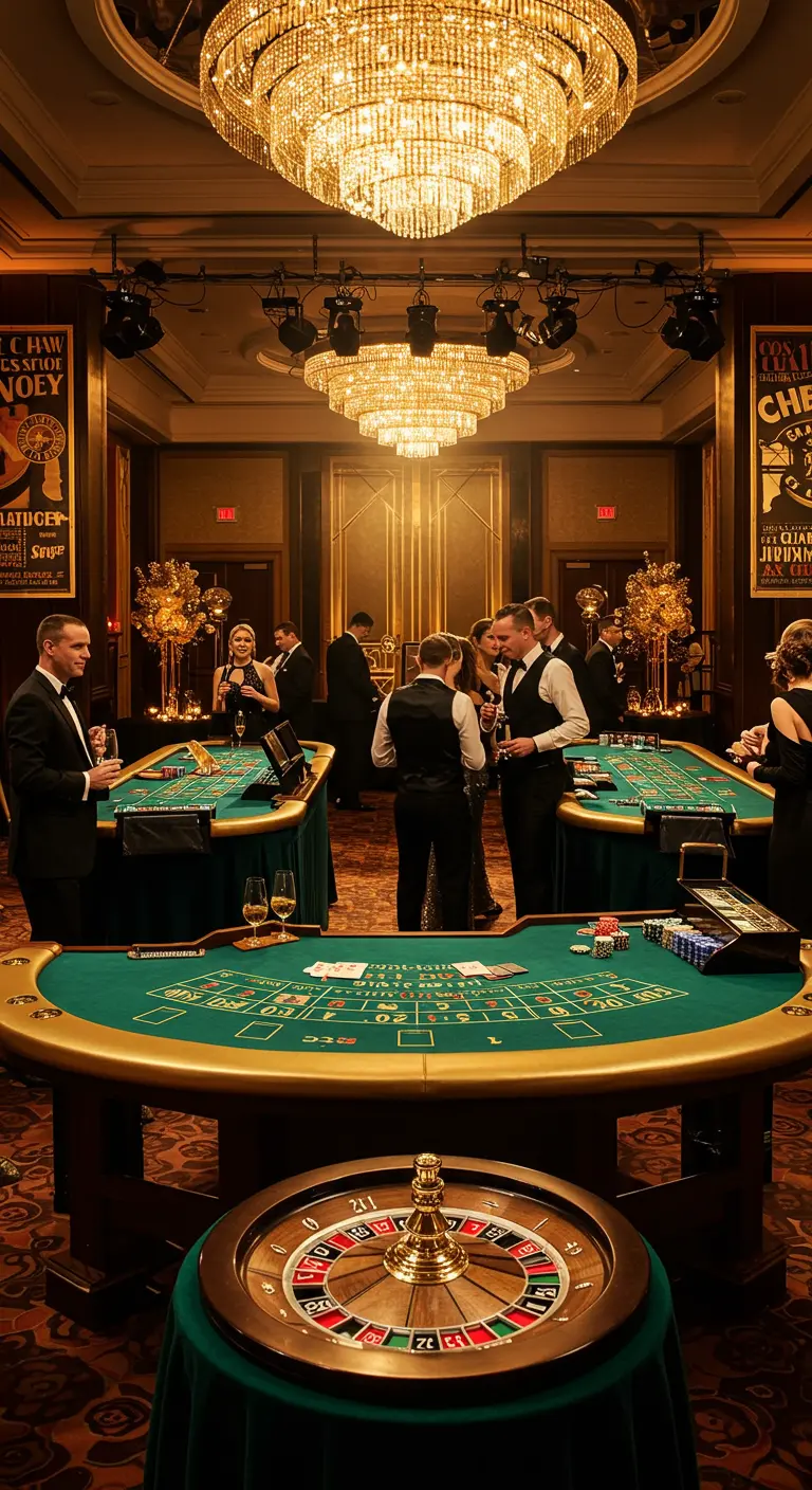 Casino-thema feestzaal met pokertafels, roulette en grote kroonluchters.