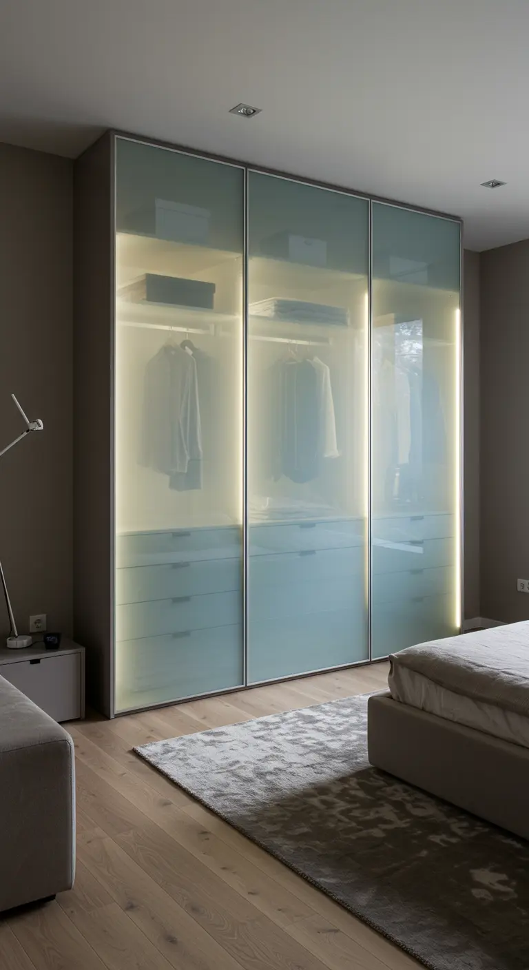 Moderne kledingkast met glazen deuren en ingebouwde LED-verlichting.
