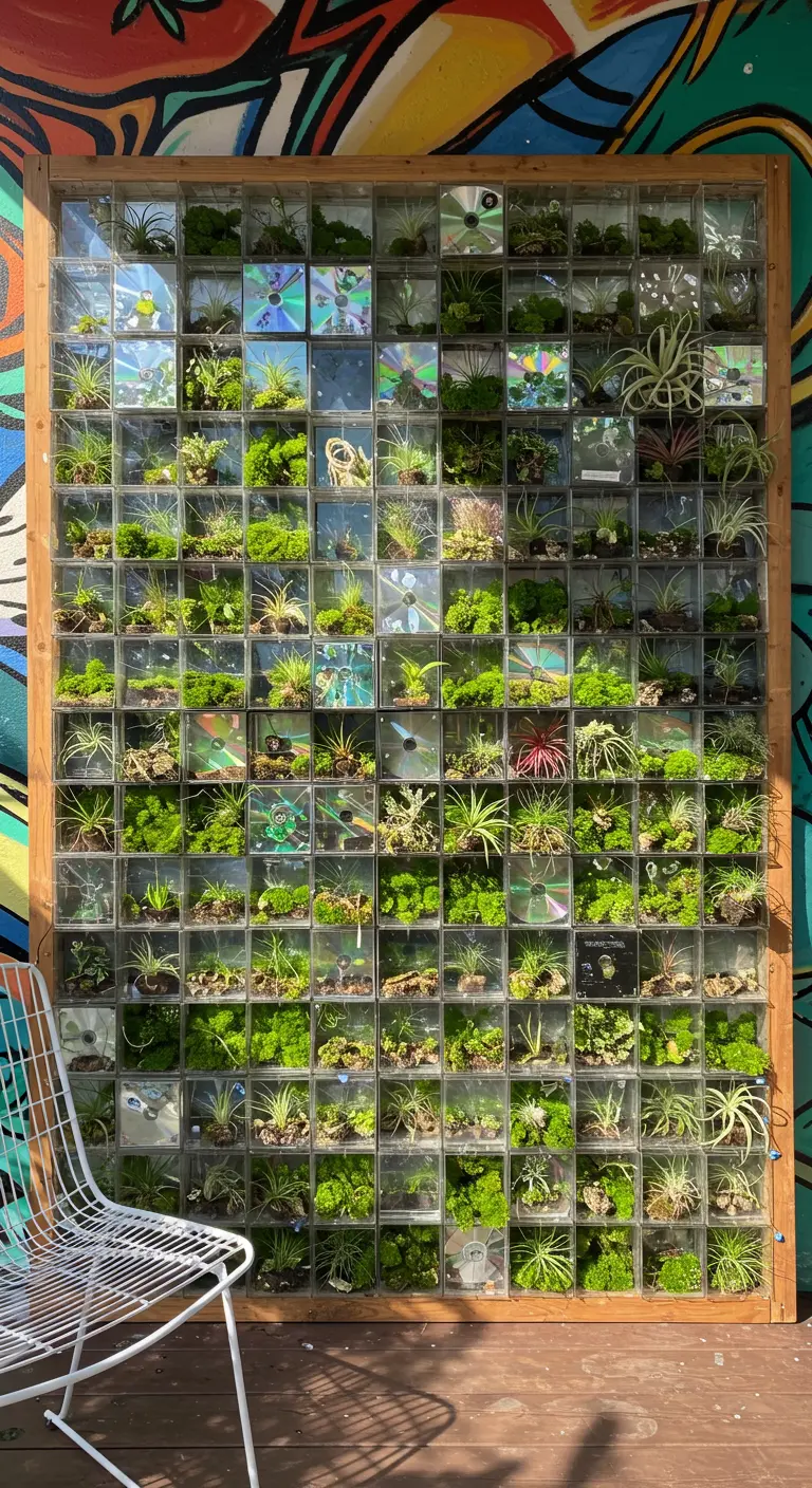 Verticale tuinwand gemaakt van transparante CD-hoesjes met kleine groene plantjes en luchtplanten.