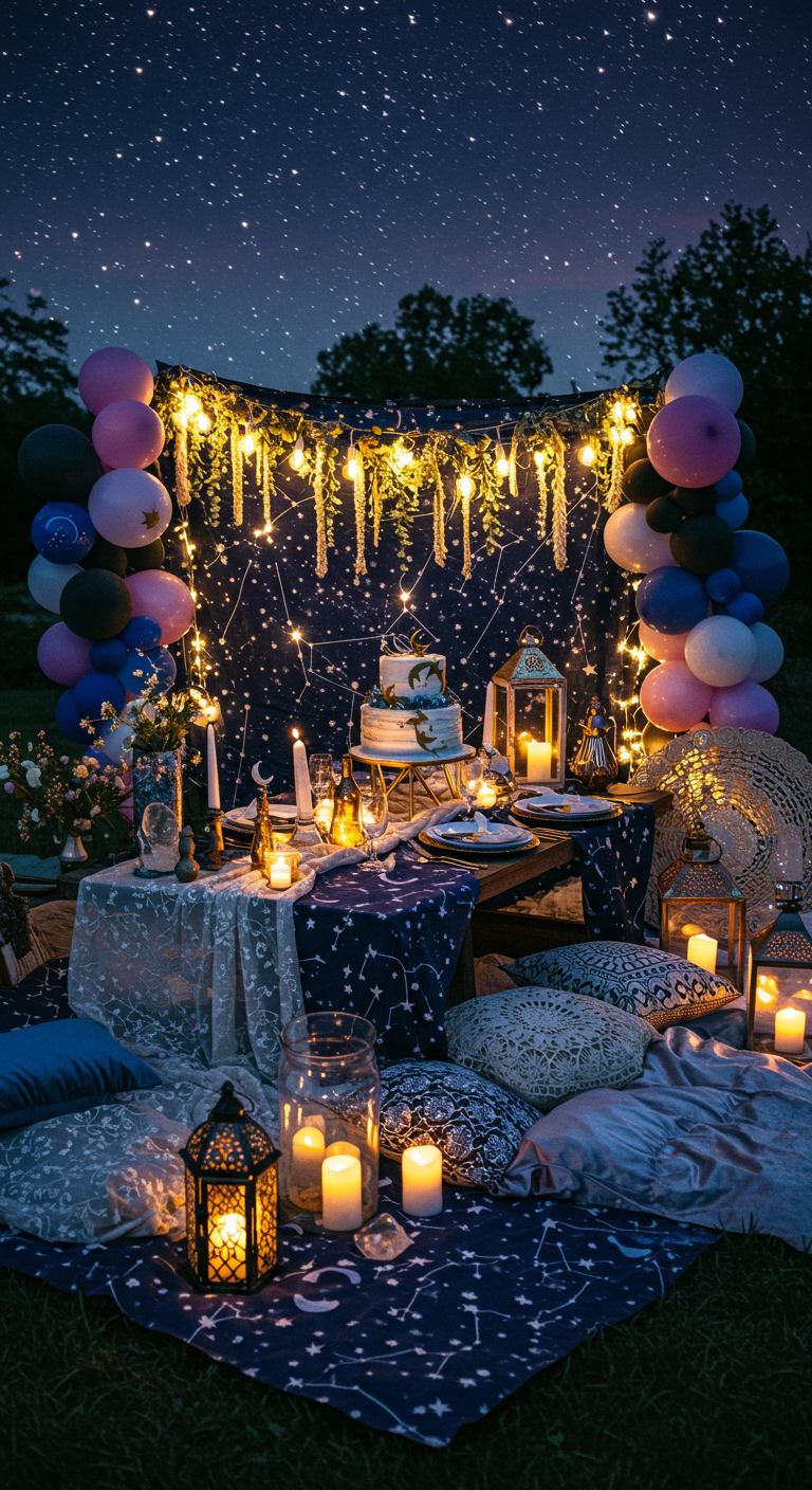 Boho avondpicknick met sterrenthema, veel lichtjes, ballonnen en lantaarns.