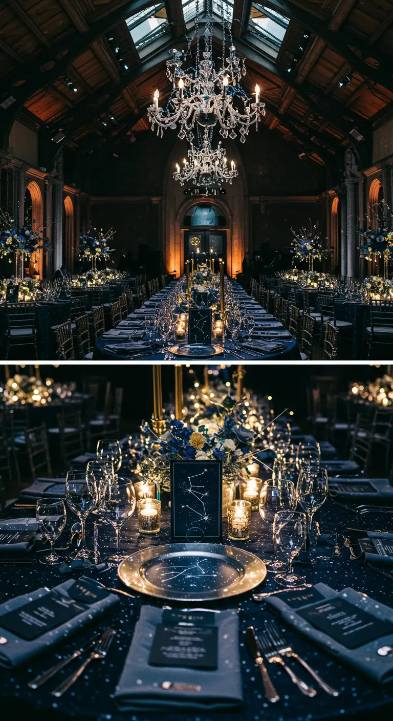 Elegante bruiloftstafel 's nachts met donkerblauw en goud sterrenhemel thema.