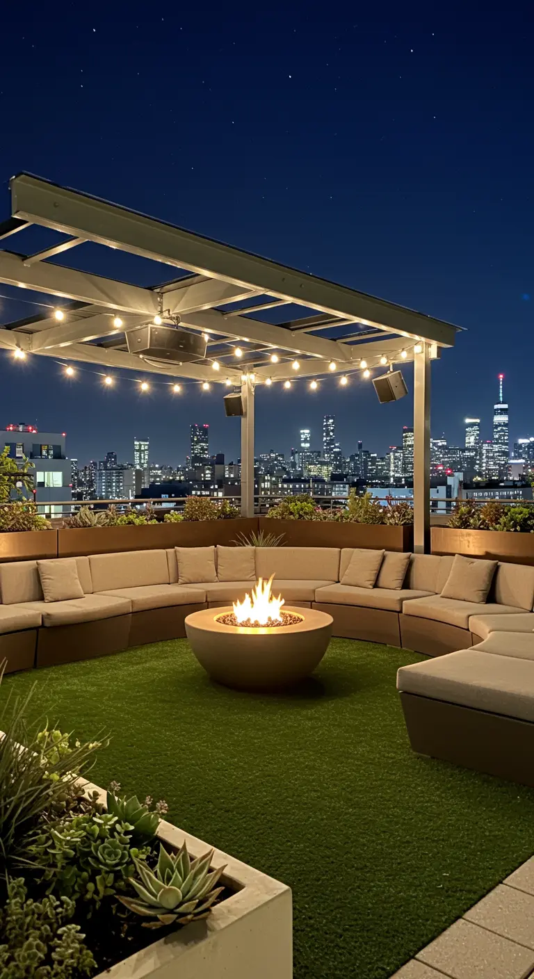 Daktuin met metalen pergola, kunstgras, ronde loungeset met vuurplaats en stadszicht.