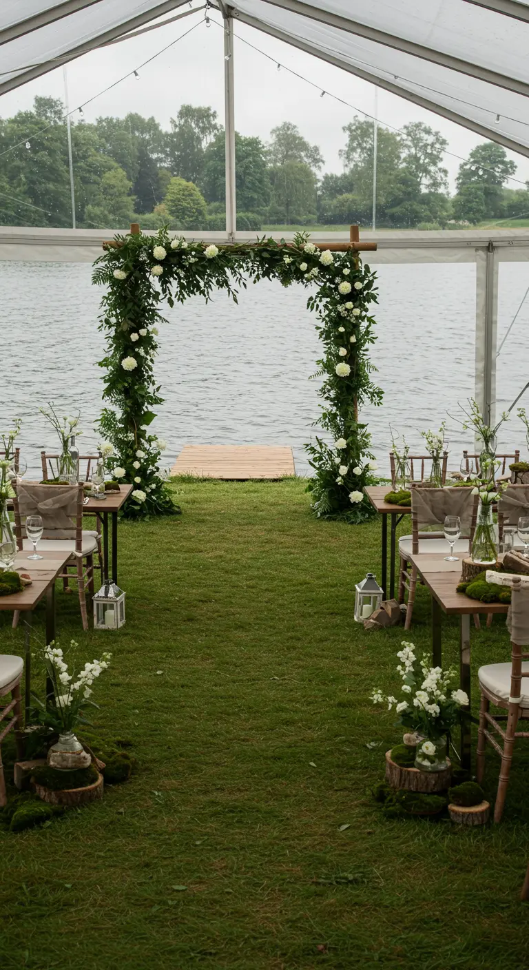 Ceremonieopstelling aan het water met een groene boog en decoraties van mos en bloemen.