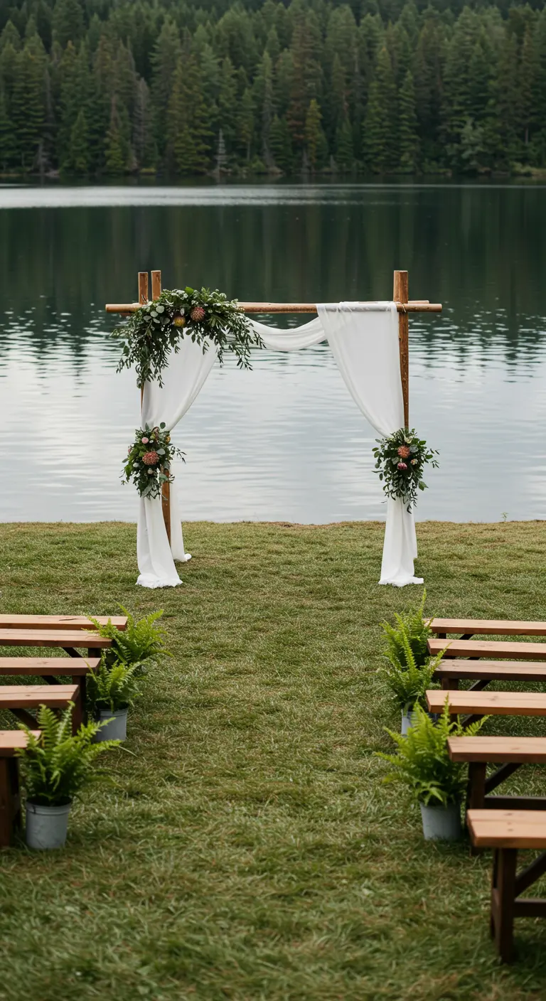 Houten ceremonieboog met witte doeken en groen aan de oever van een meer, houten bankjes.