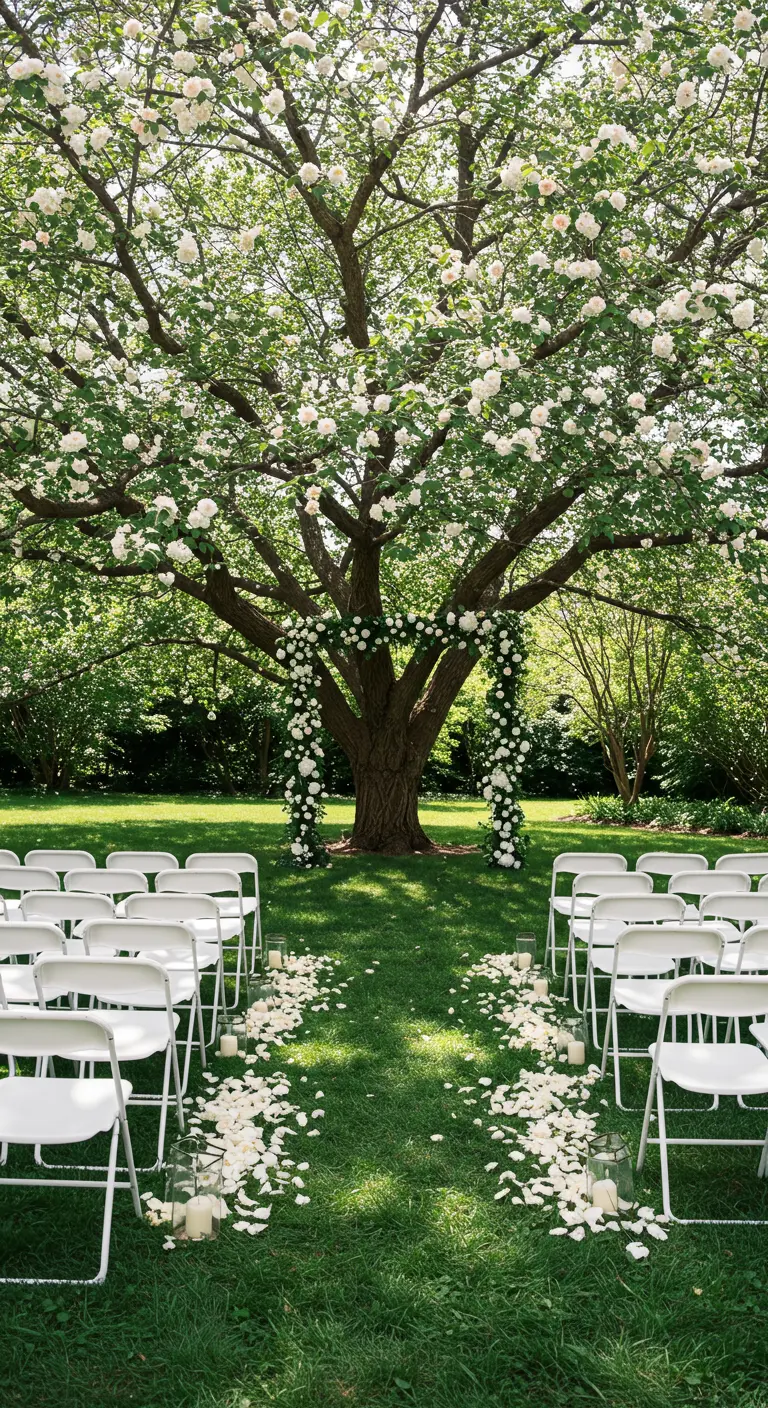 Tuinceremonie onder een grote boom versierd met witte bloemen, witte stoelen en rozenblaadjes.