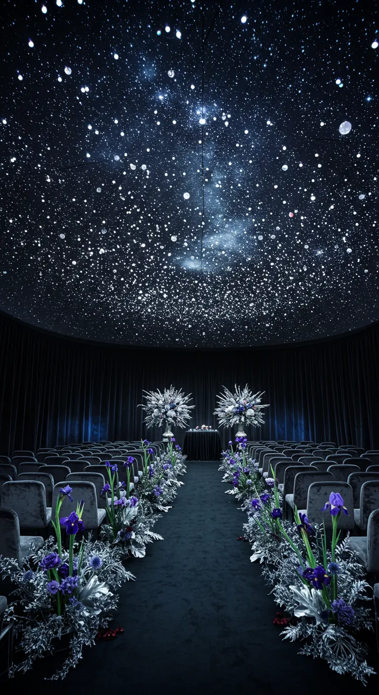 Donkere ceremonieopstelling met duizenden lichtjes als sterrenplafond en paarse bloemen.
