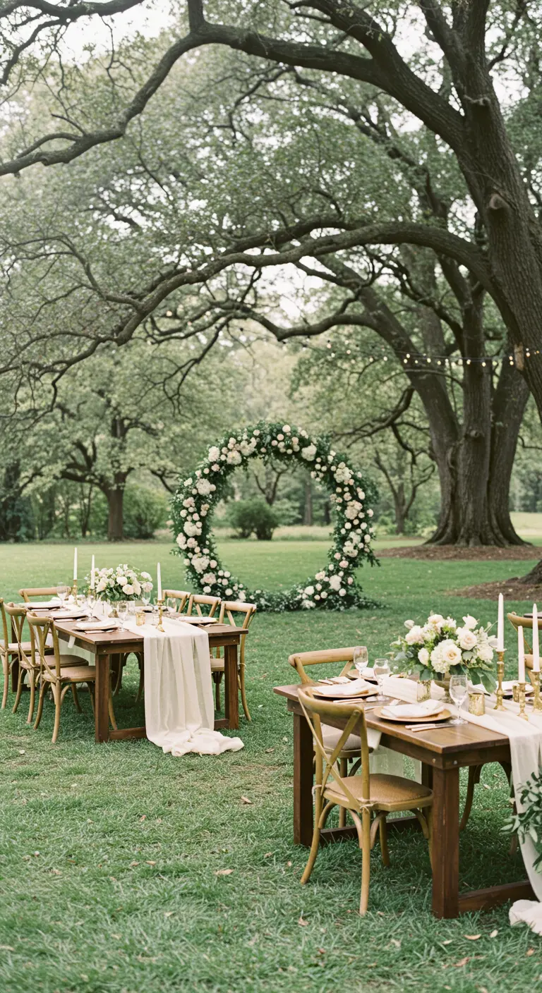 Trouwceremonie in tuin met bloemenboog, lange houten tafels en witte lopers.
