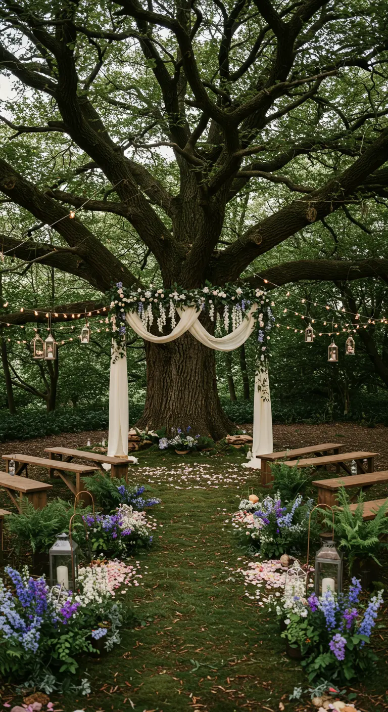 Buitenbruiloft ceremonie onder grote boom met bloemenboog en lantaarns.