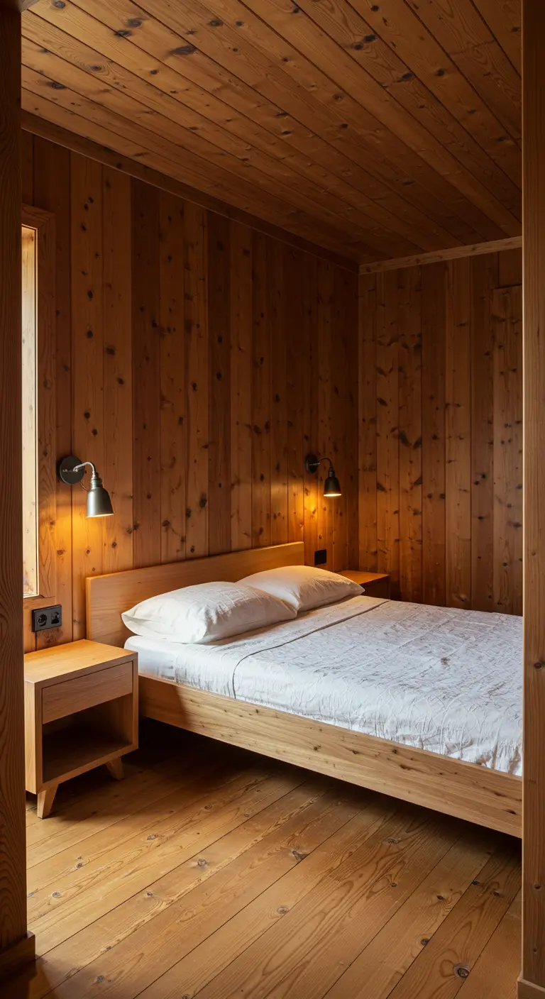 Knusse slaapkamer met warme houten panelen op muren en plafond, en een simpel houten bed.