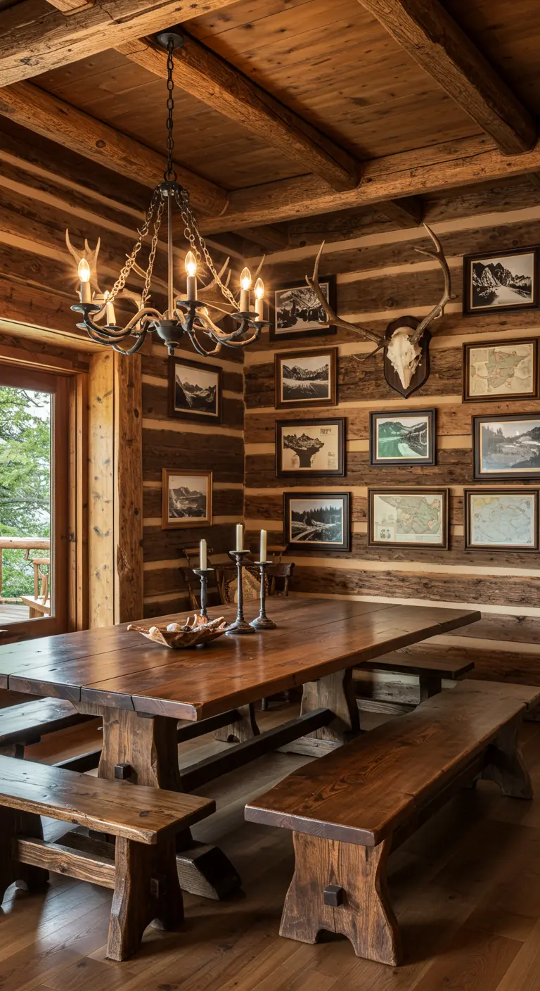 Rustieke eethoek in chaletstijl met houten wanden en een gallery wall met landschapsfoto's.