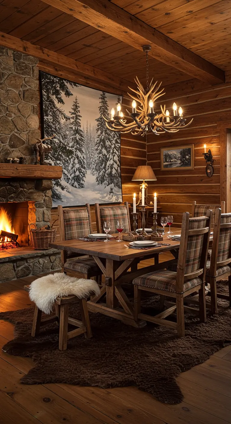 Rustieke chalet-stijl eetkamer met winterlandschap wandtapijt en donker tapijt.