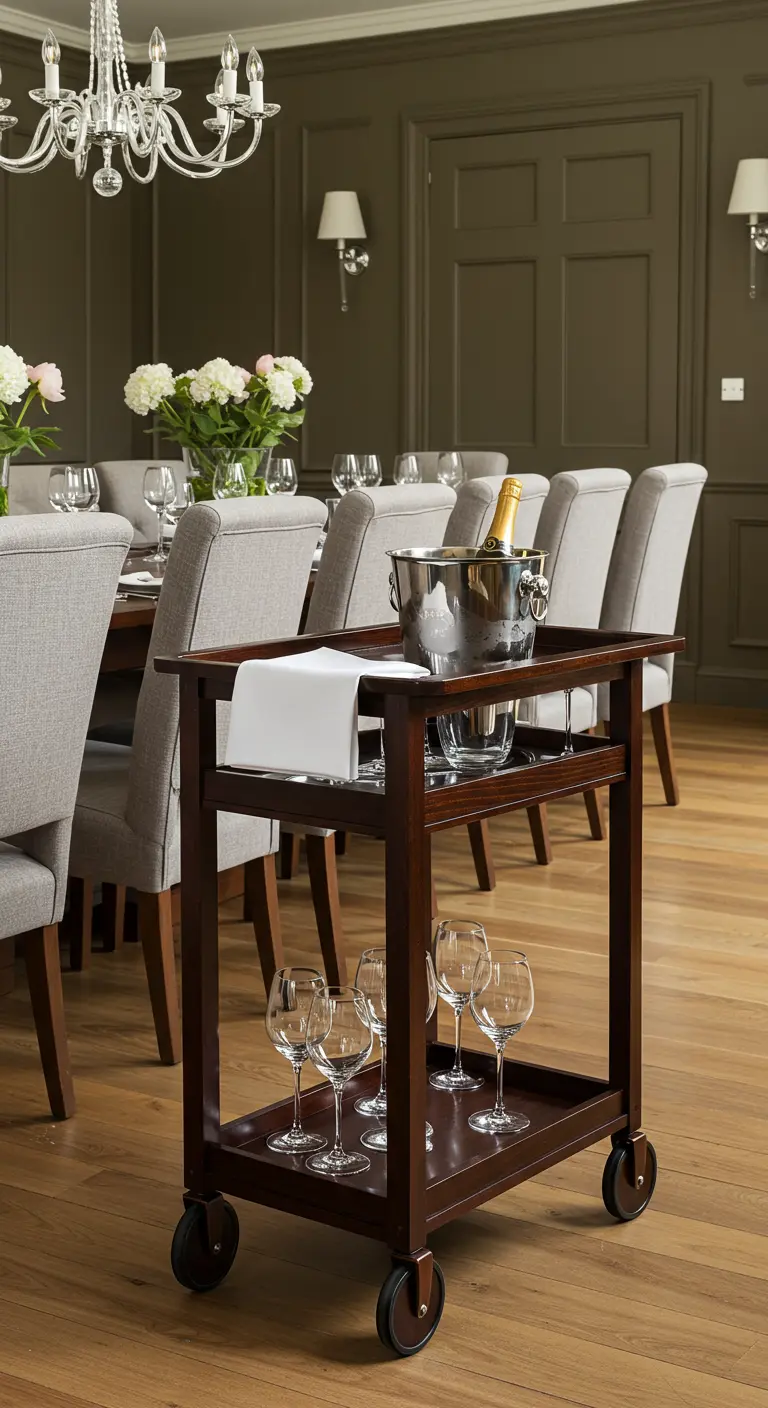 Donkerhouten keukentrolley met champagnekoeler en glazen in een klassiek ingerichte eetkamer.