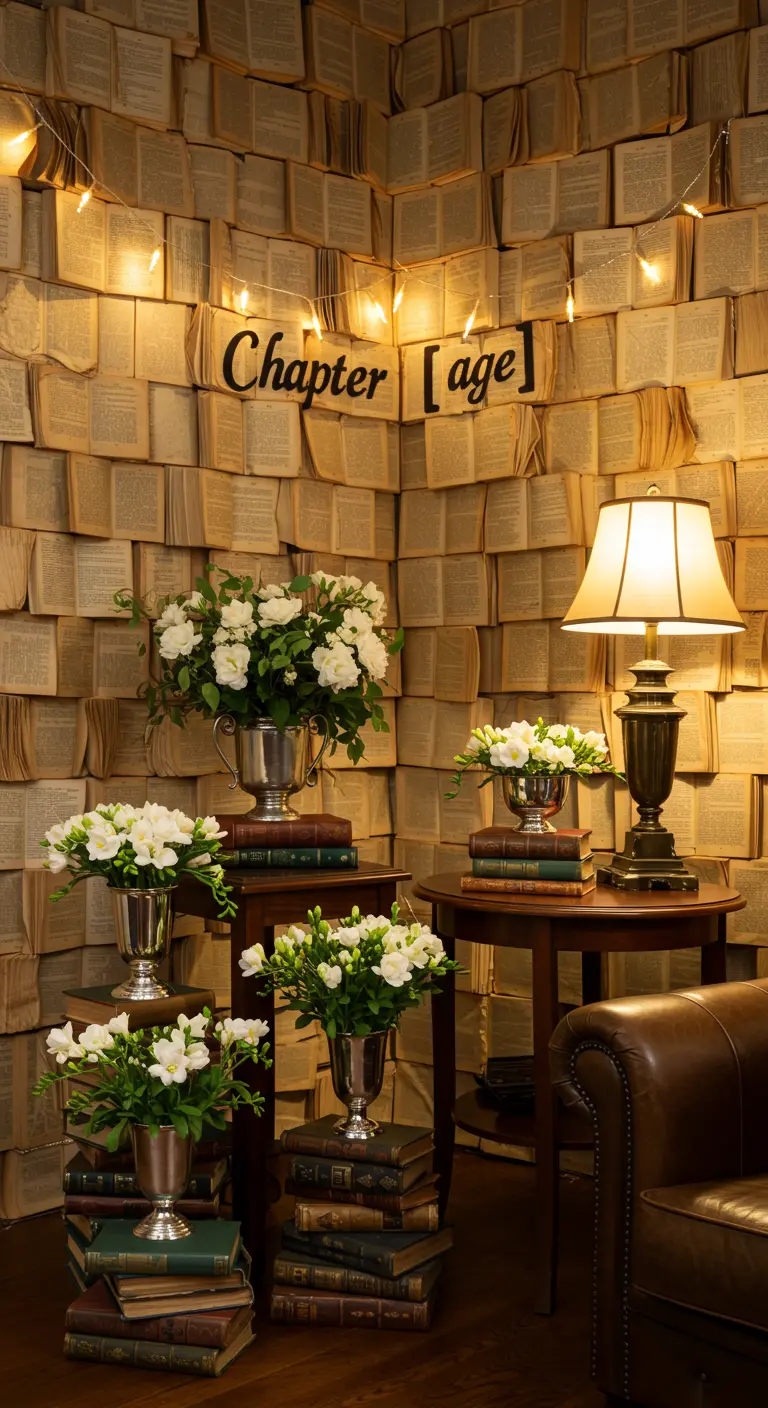 Literaire verjaardagshoek met boekenwand, lichtjes, witte rozen en klassieke lamp.