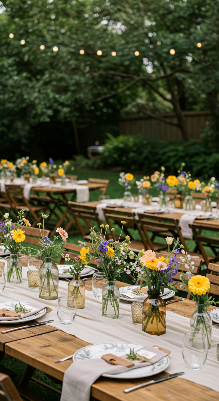 Tafeldecoratie met diverse veldbloemen in kleine flesjes op houten tafel.