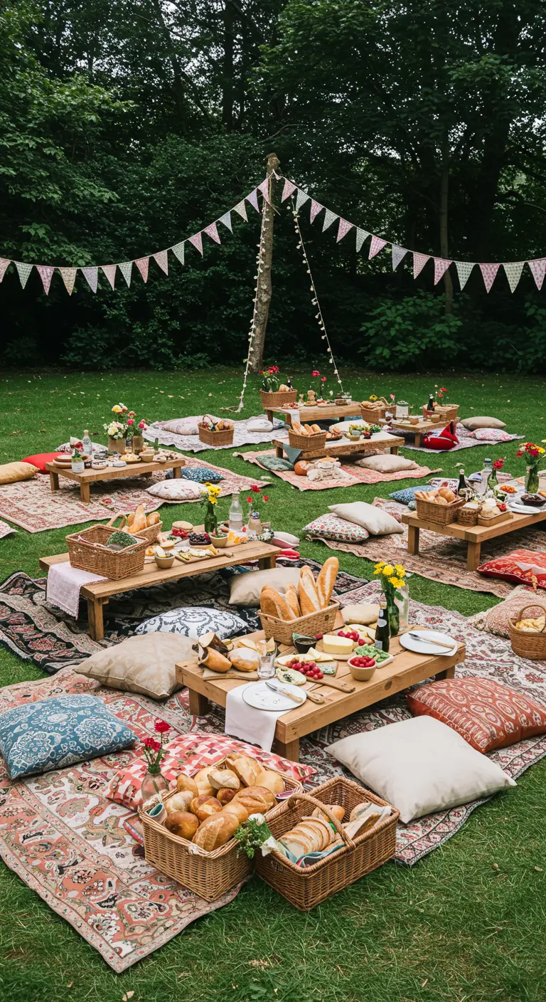 Buiten picknick met lage tafels, kussens, tapijten en vlaggenlijnen in de tuin.