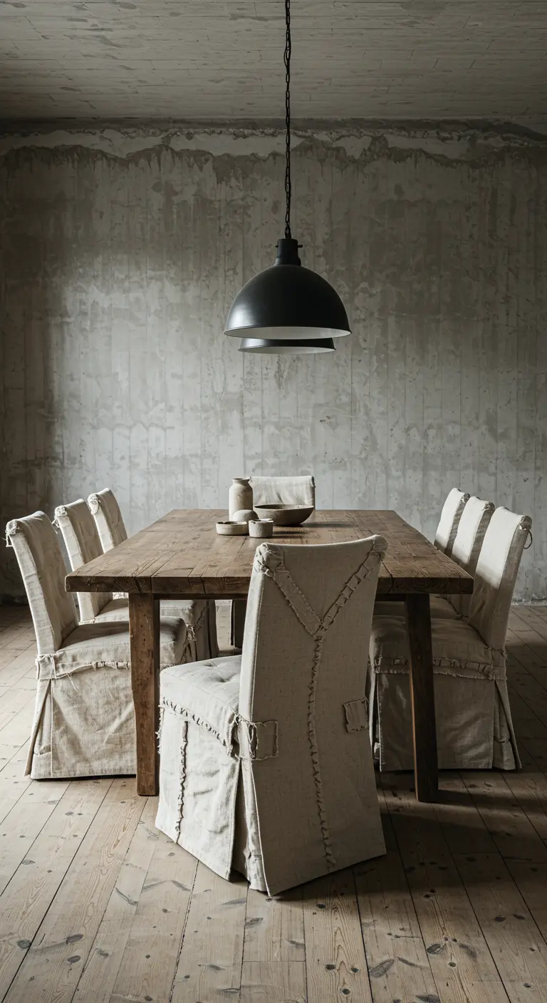 Rustieke eetkamer met linnen slipcover stoelen, houten tafel en verouderde muur.