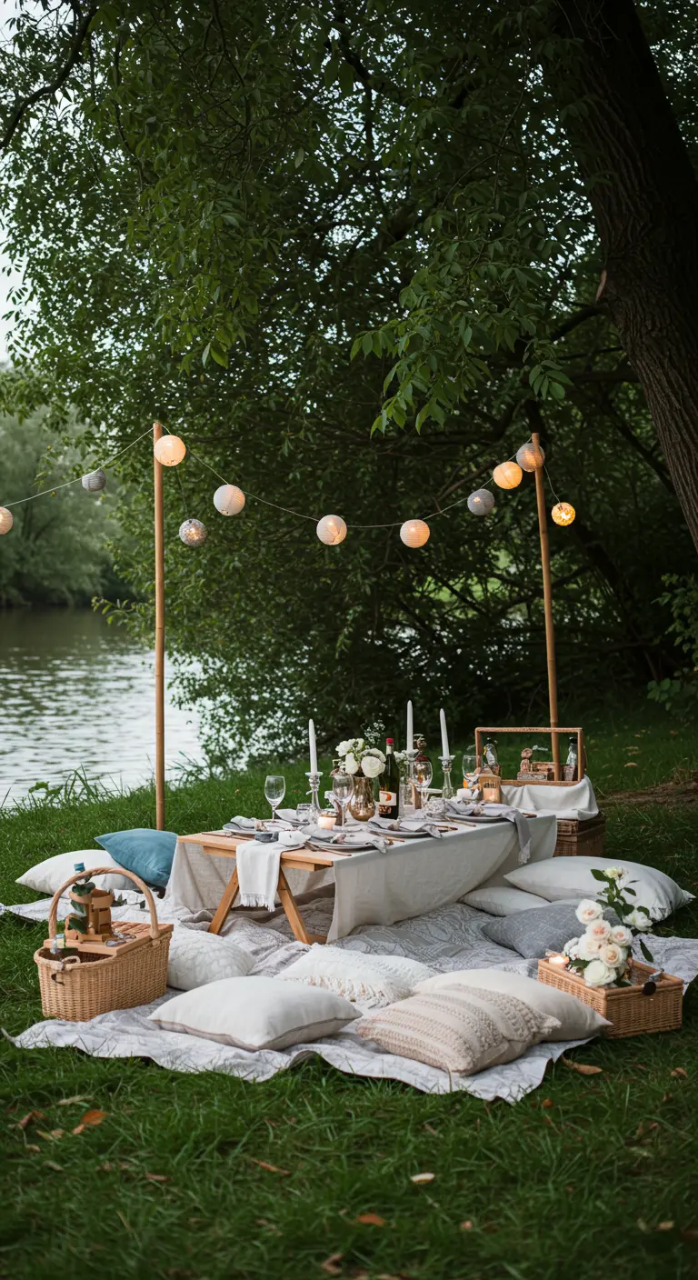 Romantische picknicksetting aan het water met een lage tafel, kussens, lichtslinger en rieten manden.