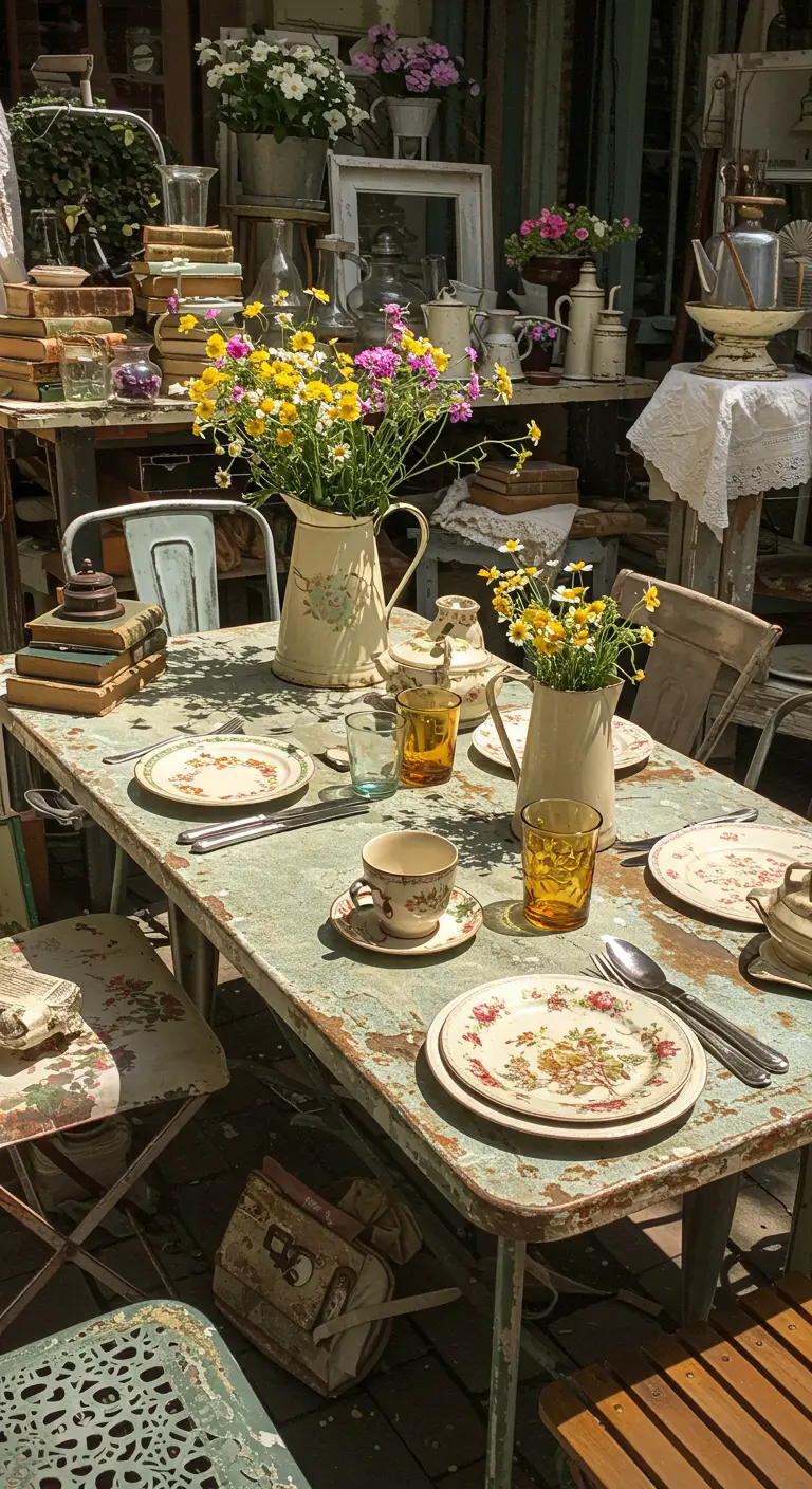 Vintage brocante tafelsetting buiten met veldbloemen, oude boeken en verweerd servies.