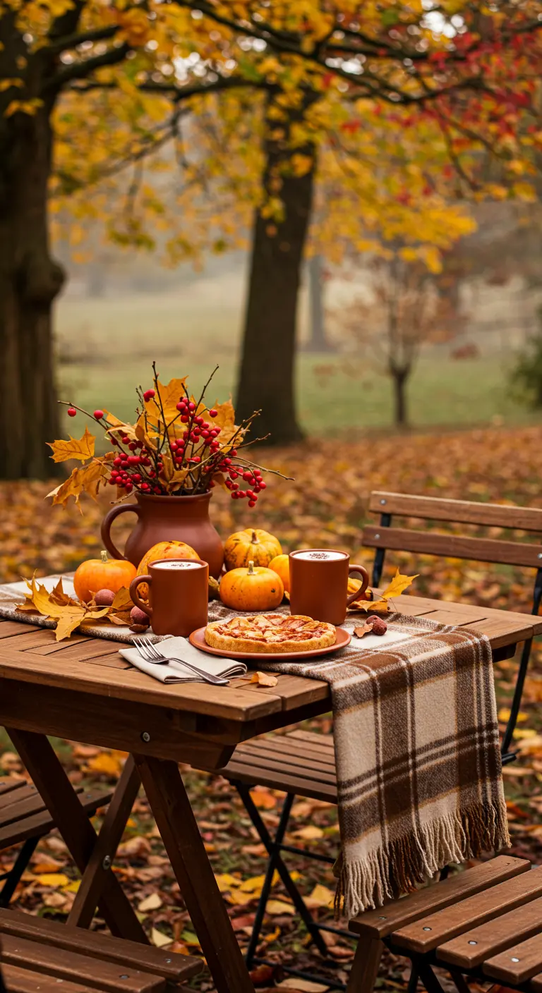Herfsttafel buiten met pompoenen, plaid, warme dranken en appeltaart.