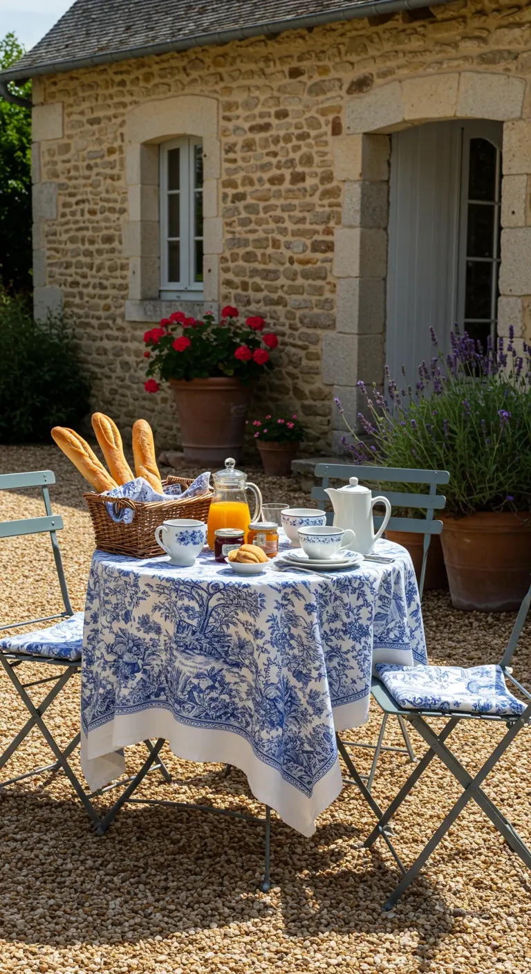 Franse bistro tafelsetting met blauw-wit Toile de Jouy tafelkleed en stokbrood.