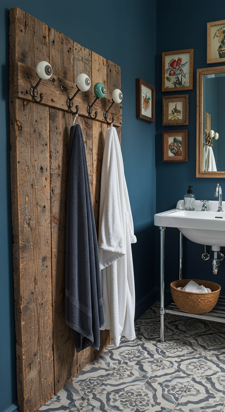 Rustiek houten handdoekenrek met vintage haken en hangende handdoeken.