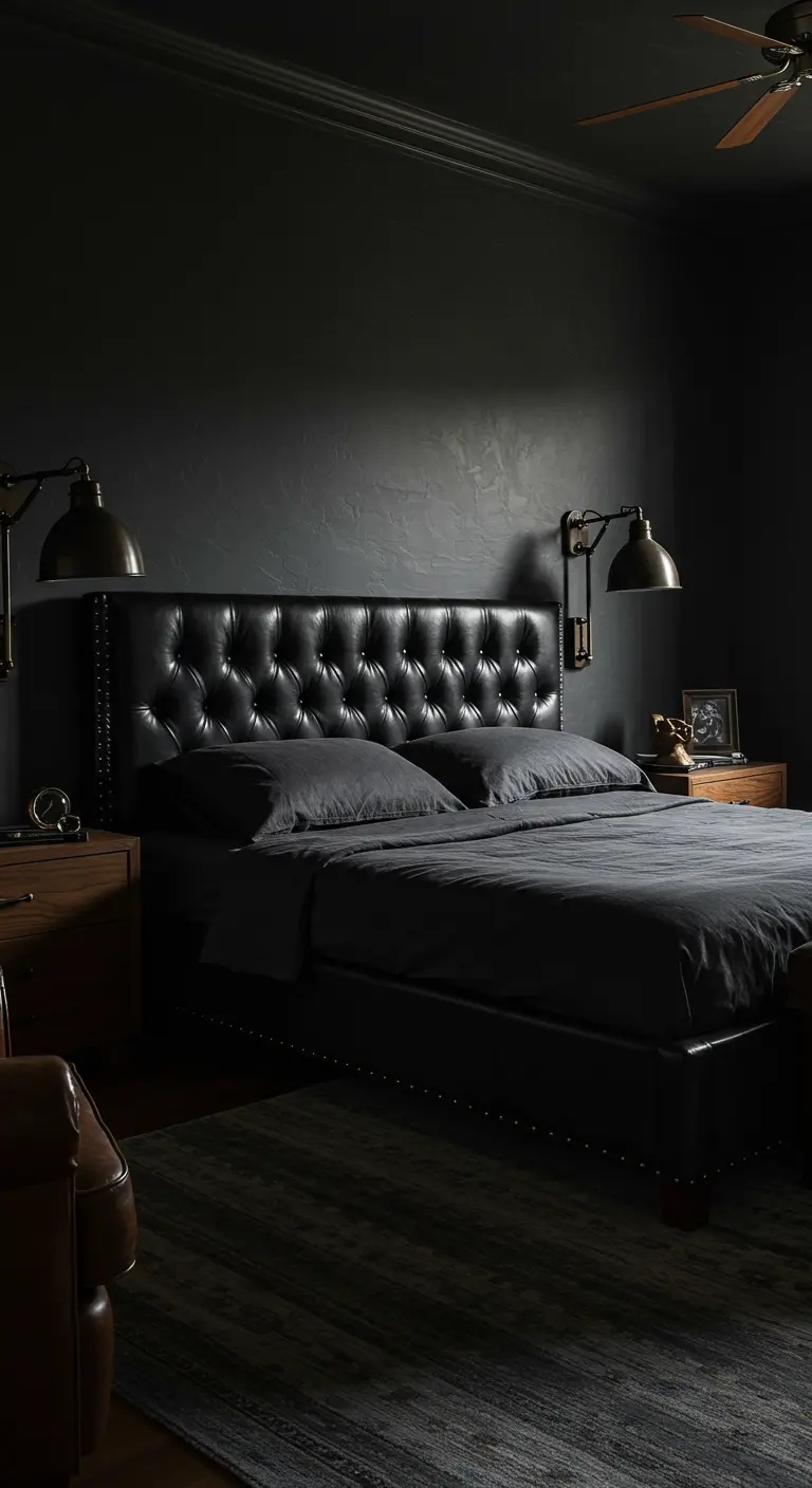 Donkere slaapkamer met een zwart leren Chesterfield-stijl hoofdbord en messing lampen.