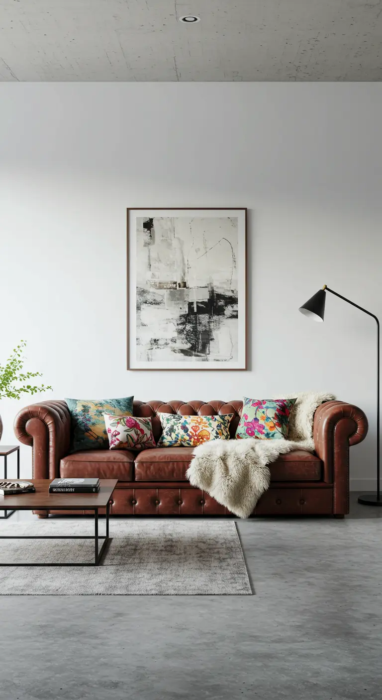 Bruine leren Chesterfield bank met kleurrijke kussens en abstract schilderij.