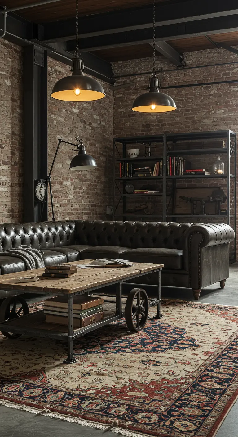 Donkerleren Chesterfield hoekbank in een industriële loft met metalen kasten en fabriekslampen.